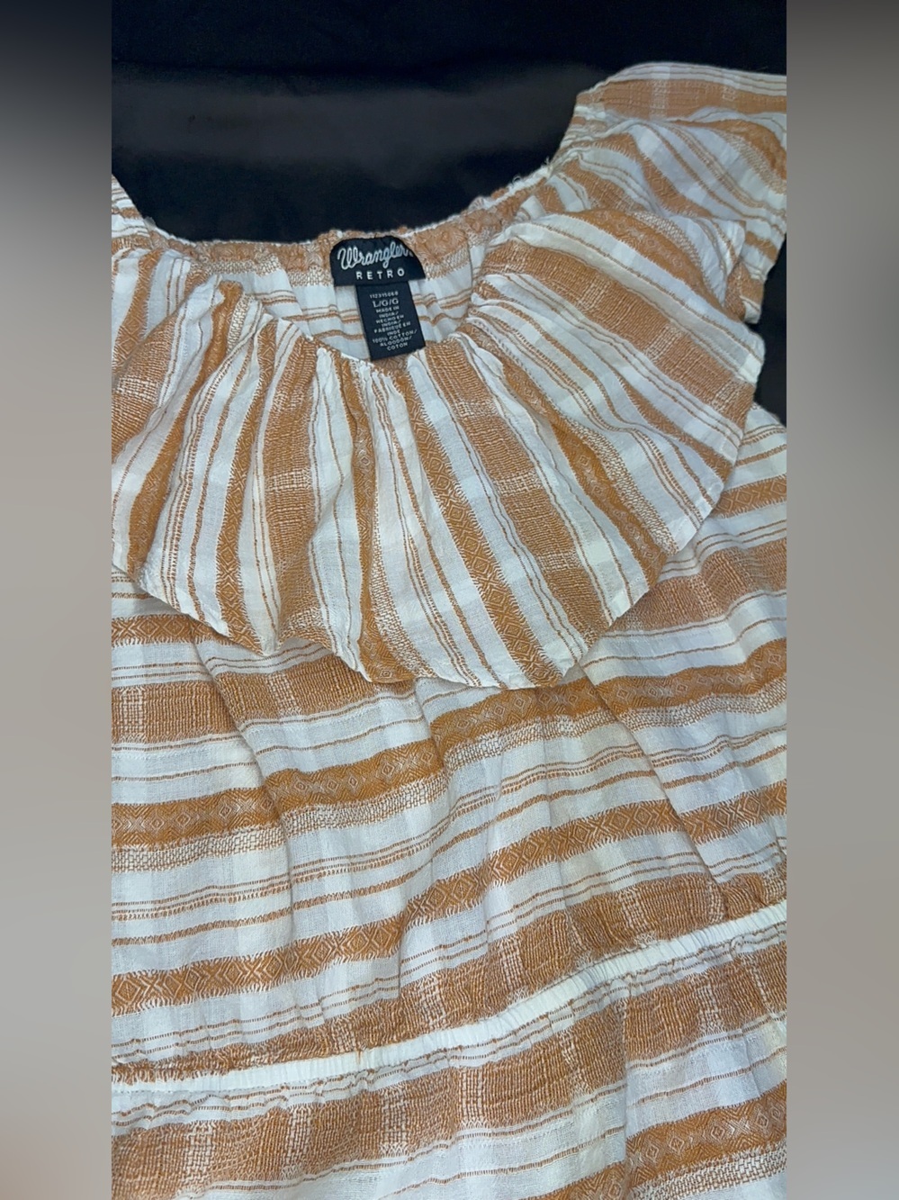 Wrangler Retro Off Shoulder Blouse Women’s Large Tan White Striped Cotton linen - Picture 4 of 7
